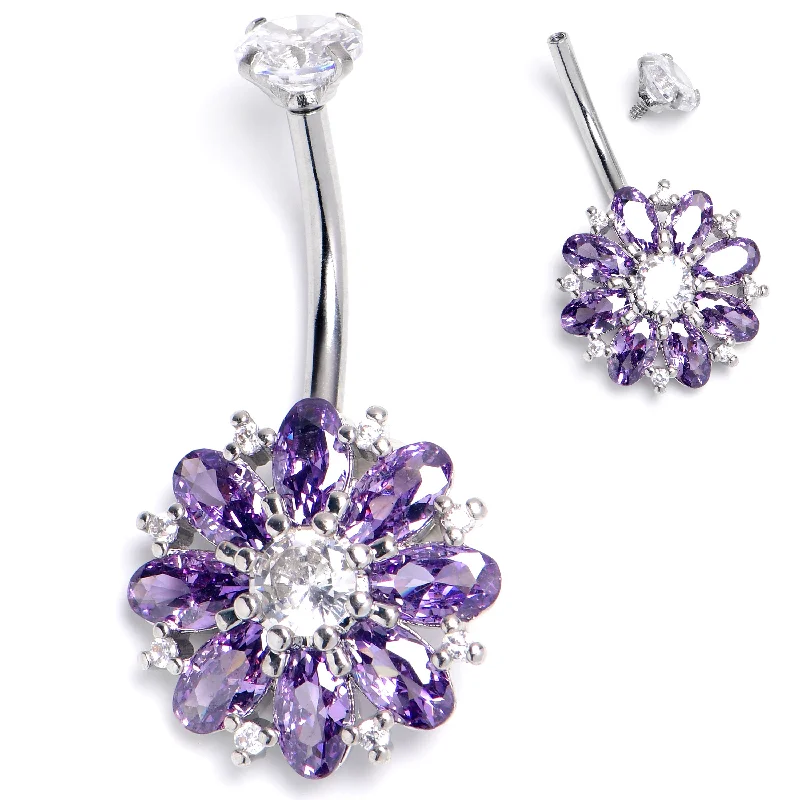 Stylish Belly Rings for Special Moments -Clear Purple CZ Gem Internally Threaded Blooming Glory Belly Ring