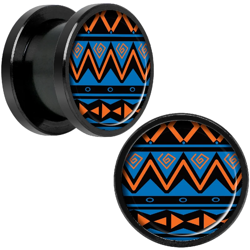 Women's Earrings – Elegant Designs for Every Personality--Blue Orange Tribal Print Black Anodized Screw Fit Plug Set 1/2