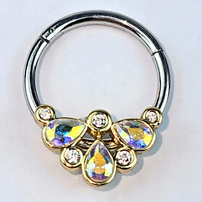 Women's Earrings – Elegant Designs for Every Personality--16 Gauge 3/8 Aurora Gem Golden Crown Deluxe Hinged Segment Ring