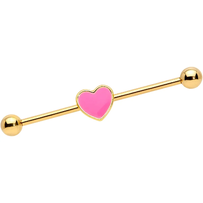 Women's Earrings – Elegant Designs for Every Personality--14 Gauge Gold Tone Pink Heart Industrial Barbell 38mm