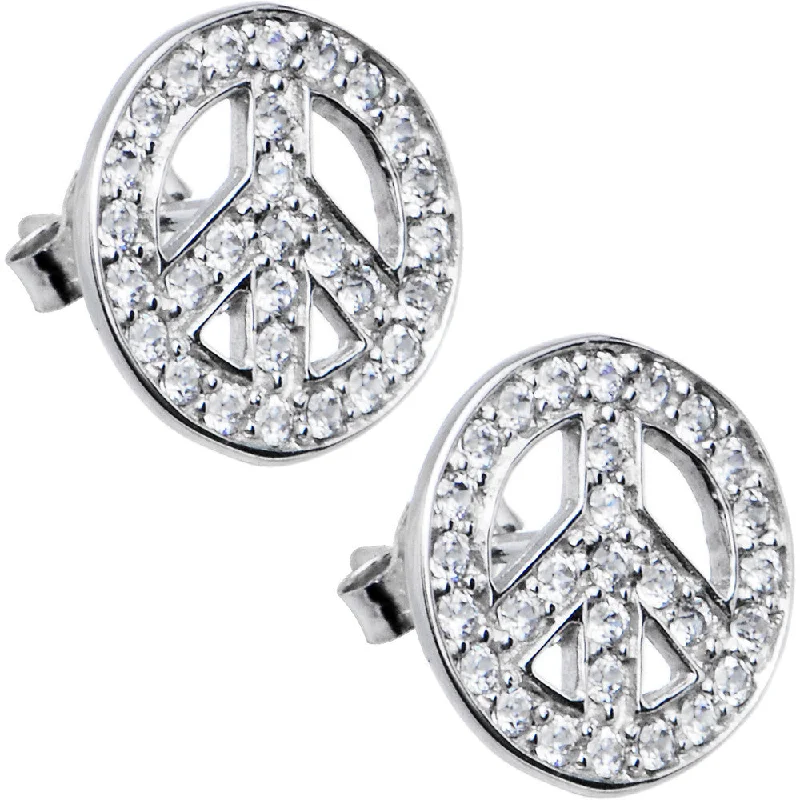 Women's Earrings – Elegant Designs for Every Personality--14kt White Gold CZ Paved Peace Sign Stud Earrings Women's Earrings – Elegant Designs for Every Personality--14kt White Gold CZ Paved Peace Sign Stud Earrings