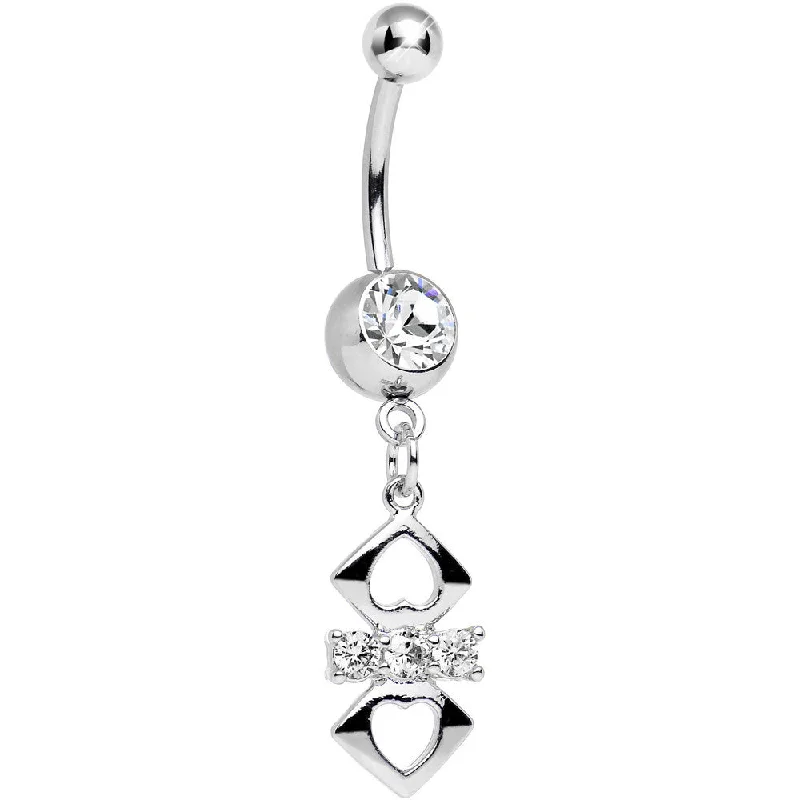 Comfortable Belly Rings for Chic Comfort -Clear Cubic Zirconia Double Heart Cut Out Dangle Belly Ring Comfortable Belly Rings for Chic Comfort -Clear Cubic Zirconia Double Heart Cut Out Dangle Belly Ring