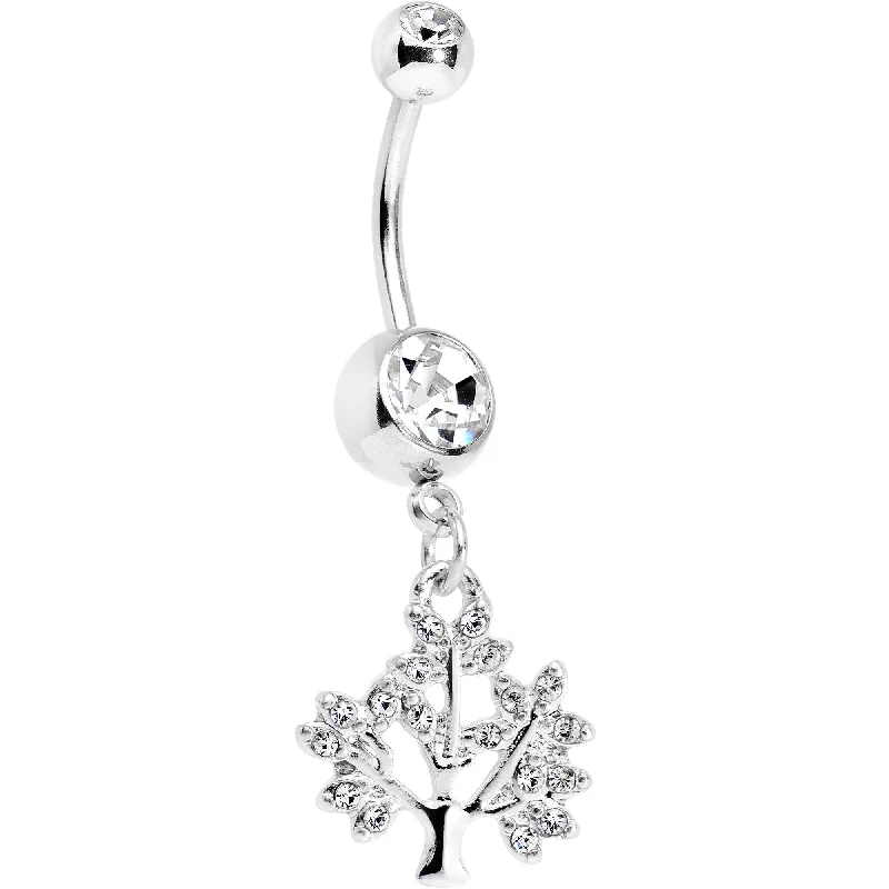 Stunning Belly Rings with Gorgeous Shine -Clear Gem Steel Tree of Life Dangle Belly Ring