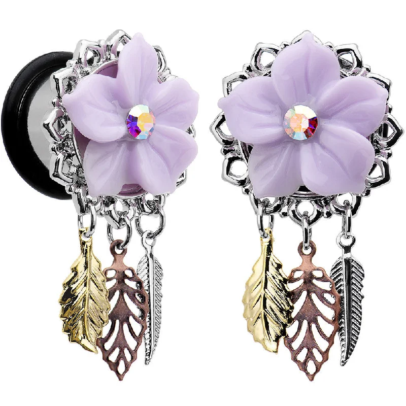 Women's Earrings – Elegant Designs for Every Personality--9/16 Aurora Gem Purple Petal Flower Leaf Feather Dangle Plug Set