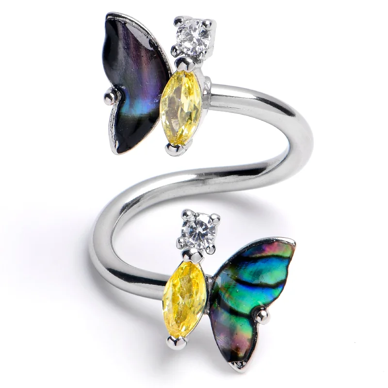 Elegant Belly Rings for Special Celebrations -Clear Yellow Gem Dark Butterfly Spiral Twister Belly Ring