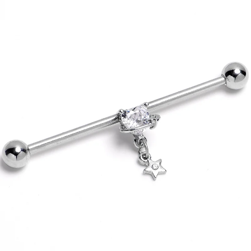 Women's Earrings – Elegant Designs for Every Personality--14 Gauge Clear Gem Starry Heart Dangle Industrial Barbell 38mm