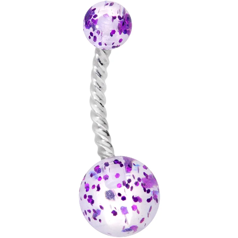 Beautiful Belly Rings with Gemstone Details -Clearly Coiled Purple Glitter Explosion Twisted Belly Ring