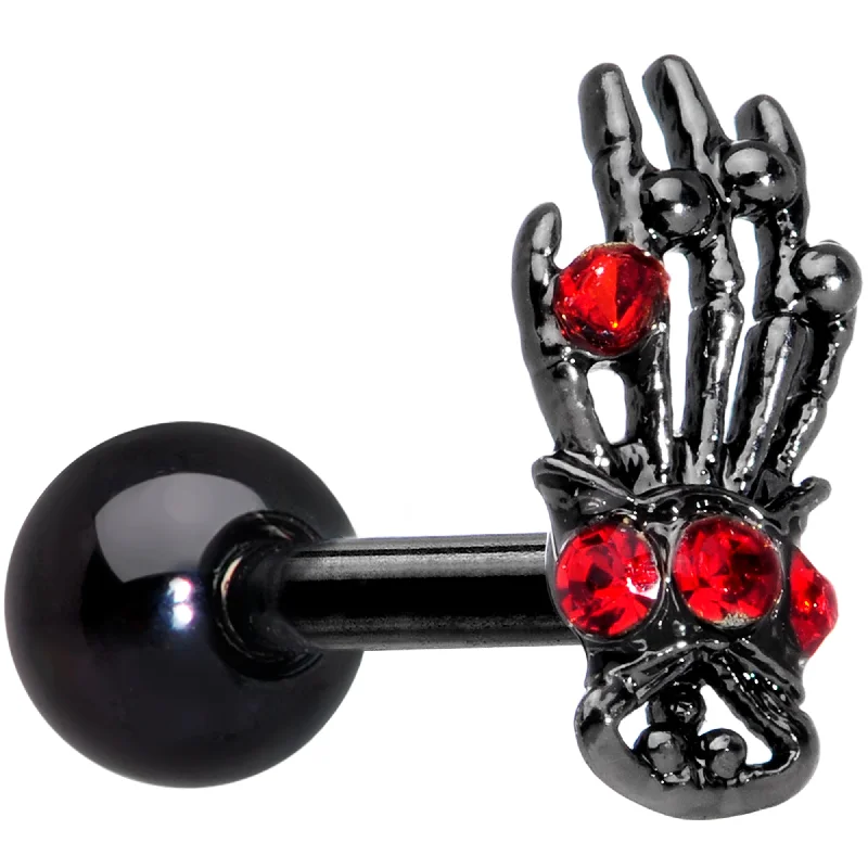 Women's Earrings – Elegant Designs for Every Personality--16 Gauge 1/4 Red Gem Black Skeleton Hand Halloween Cartilage Tragus