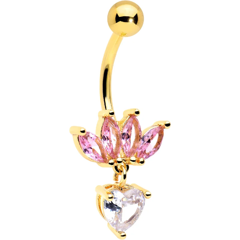 Comfortable Belly Rings with Simple Design -Clear Pink CZ Gem Gold Tone Crown And Heart Dangle Belly Ring