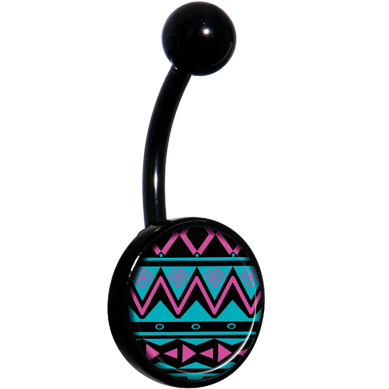 Comfortable Belly Rings for Sensitive Skin -Pink Teal Tribal Pattern Black Belly Ring