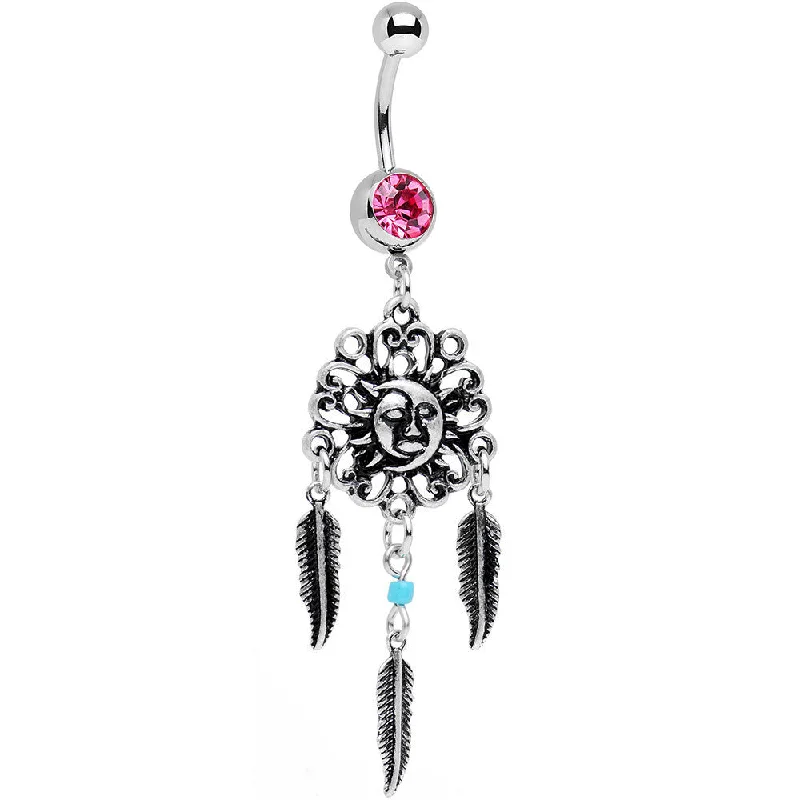 Stunning Belly Rings for Extra Style -Pink Gem Sun and Moon Feather Celestial Daydream Dangle Belly Ring