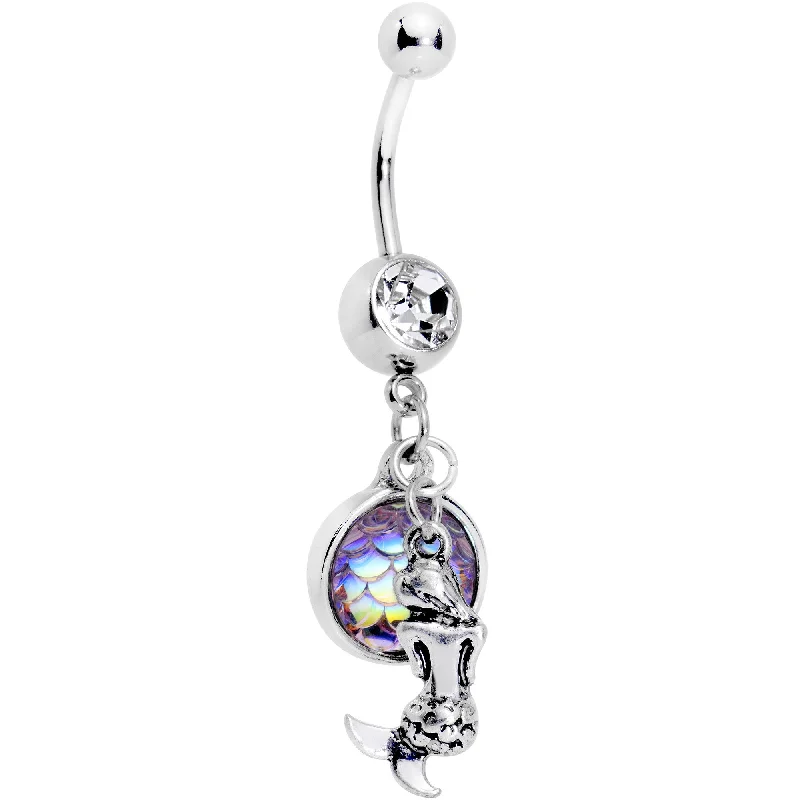Belly Rings with Beautiful Crystal Details -Clear Gem Iridescent Purple Scale Mini Mermaid Dangle Belly Ring Belly Rings with Beautiful Crystal Details -Clear Gem Iridescent Purple Scale Mini Mermaid Dangle Belly Ring