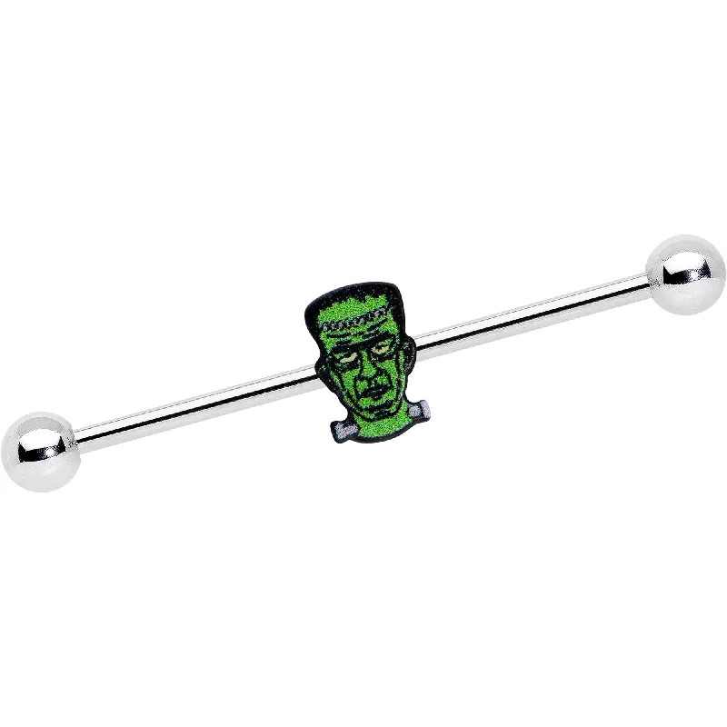 Women's Earrings – Elegant Designs for Every Personality--14 Gauge Frankenstein Head Green Glow in Dark Industrial Barbell 38mm
