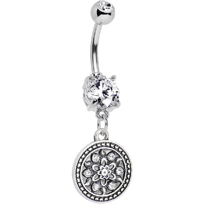 Elegant Belly Rings for Chic Fashionistas -Clear Gem Sparkling Mandala Medallion Dangle Belly Ring