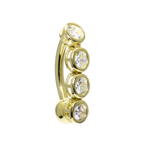 Comfortable Belly Rings for Everyday Wear -16 Gauge Solid 14KT Yellow Gold TOP DROP Cubic Zirconia ROUND QUAD Belly Ring