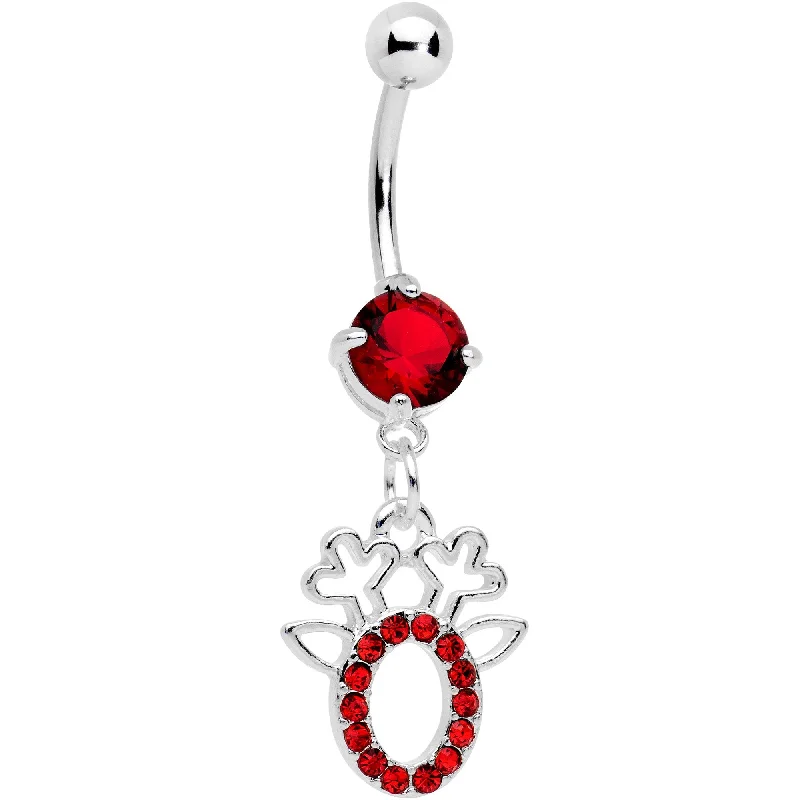 Stylish Belly Rings for Fashionable Look -Red Gem Encrusted Christmas Reindeer Dangle Belly Ring