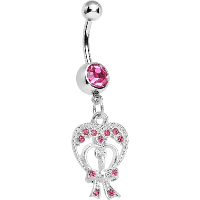 Stylish Belly Rings for Elegant Women -Pink Gem Love Tied in a Bow Heart Dangle Belly Ring