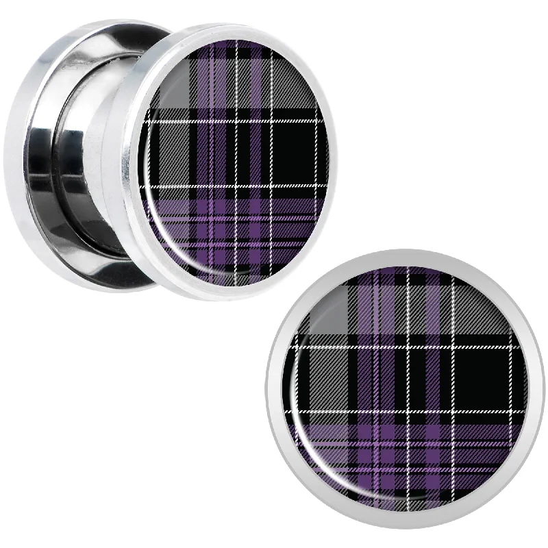 Women's Earrings – Elegant Designs for Every Personality--Winter Purple Black Plaid Screw Fit Plug Set Sizes 5mm to 20mm