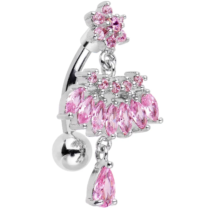 Designer Belly Rings for Exclusive Style -Pink CZ Chandelier Top Mount Dangle Belly Ring Designer Belly Rings for Exclusive Style -Pink CZ Chandelier Top Mount Dangle Belly Ring