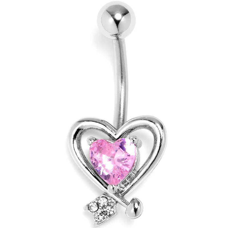 Belly Rings for Fashionable Women -Pink CZ Gem Wrapped In Heart Belly Ring