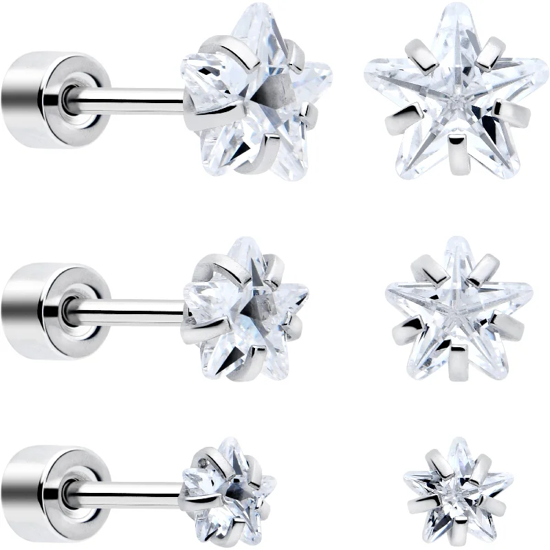 Women's Earrings – Elegant Designs for Every Personality--Clear Star CZ Flat Back Stud Earrings - 3 Pairs