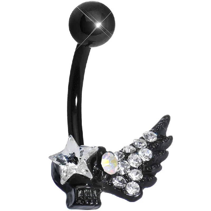 Elegant Belly Rings for Chic Fashionistas -Clear Gem Rock Star Shimmering Wing Black Skull Belly Ring