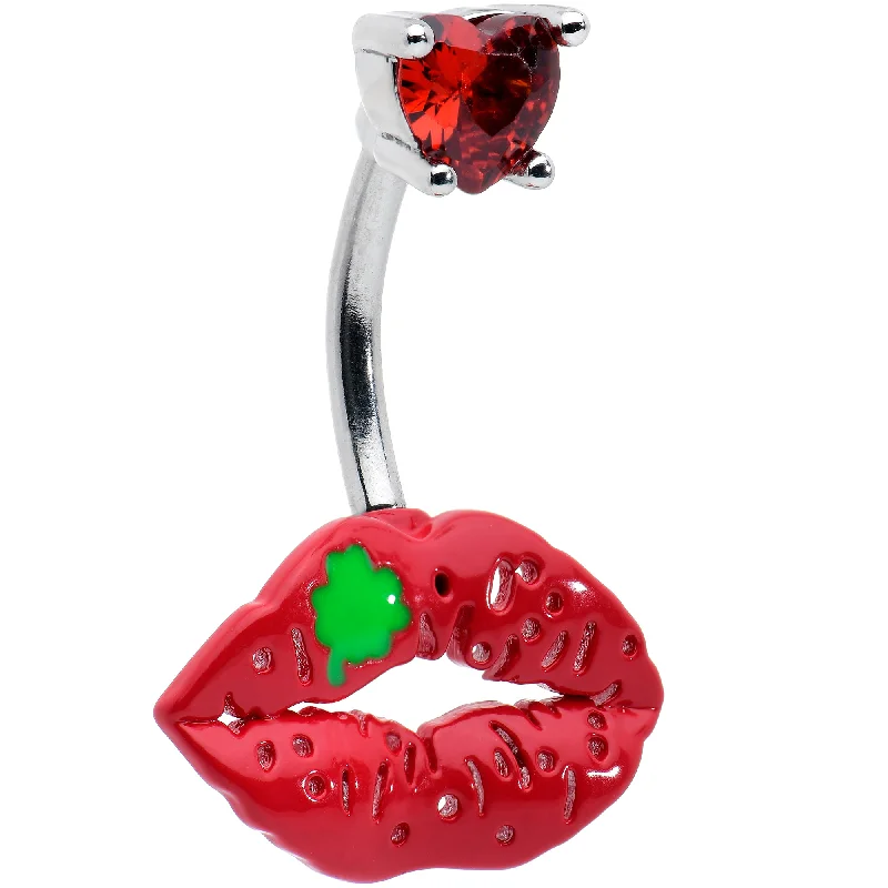 Beautiful Belly Rings with Dazzling Shine -Red CZ Gem Lucky Lips St Patrick's Double Mount Belly Ring