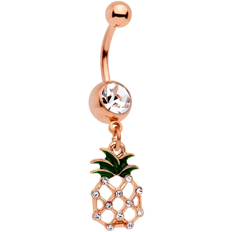 Unique Belly Rings with Bold Designs -Clear Gem Rose Gold Tone Tropical Treat Pineapple Dangle Belly Ring