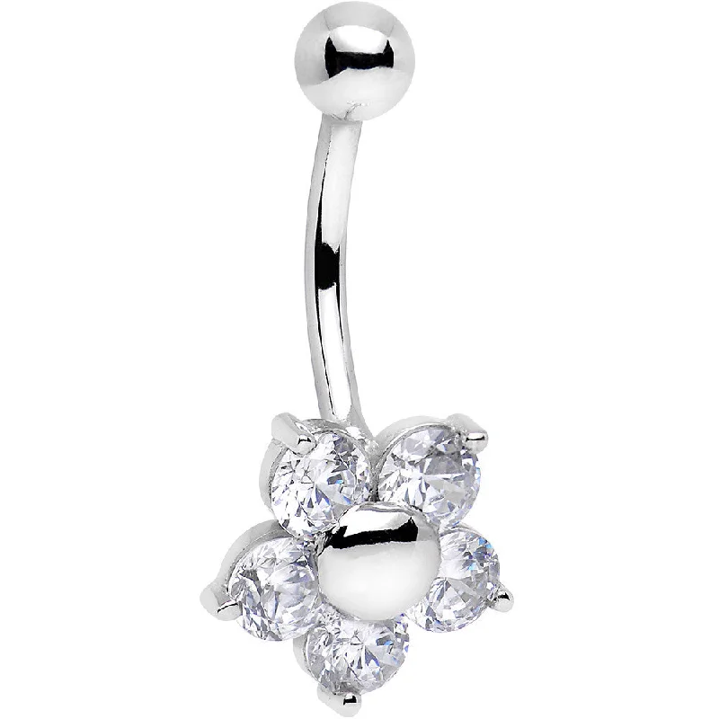 Belly Rings with Shiny Accents for Extra Glam -16 Gauge Solid 14kt White Gold Cubic Zirconia Five Petal Flower Belly Ring