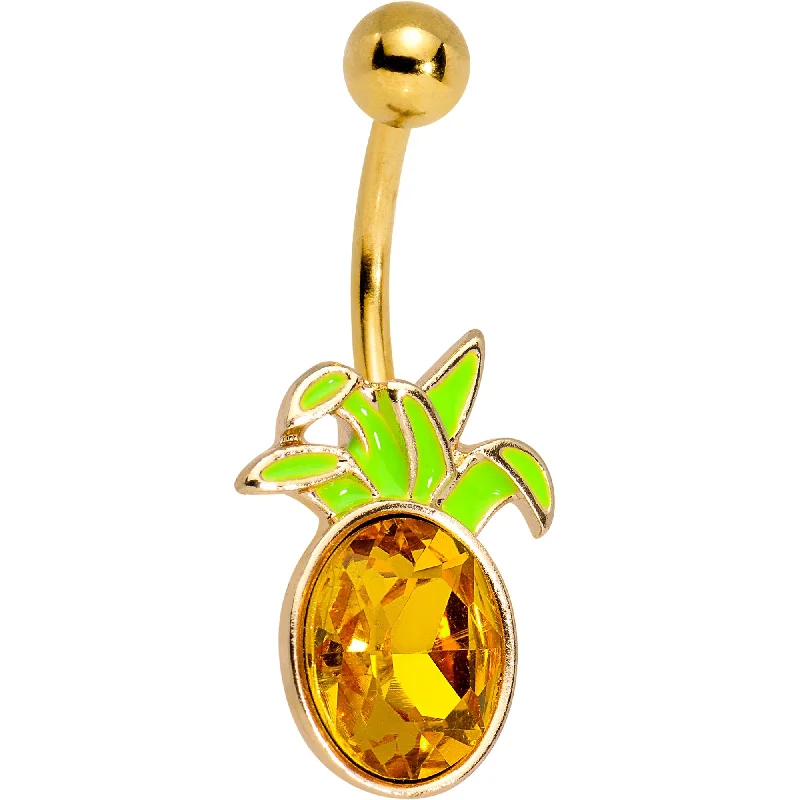 Designer Belly Rings with Artistic Features -Orange Gem Gold PVD Juicy Pineapple Belly Ring