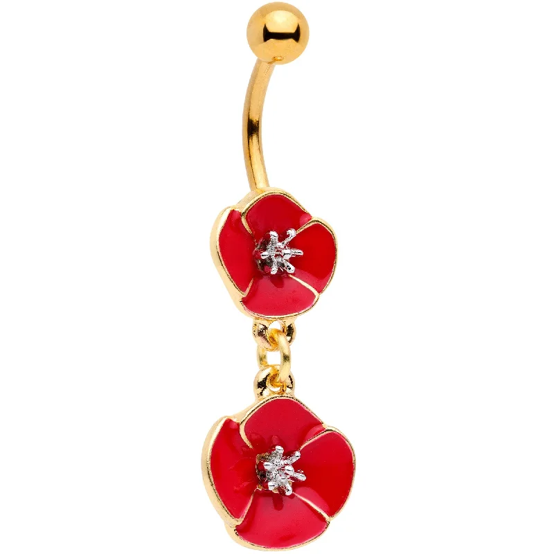 Unique Belly Rings with Shiny Detailing -Gold Tone Fashionable Red Flower Chain Dangle Belly Ring