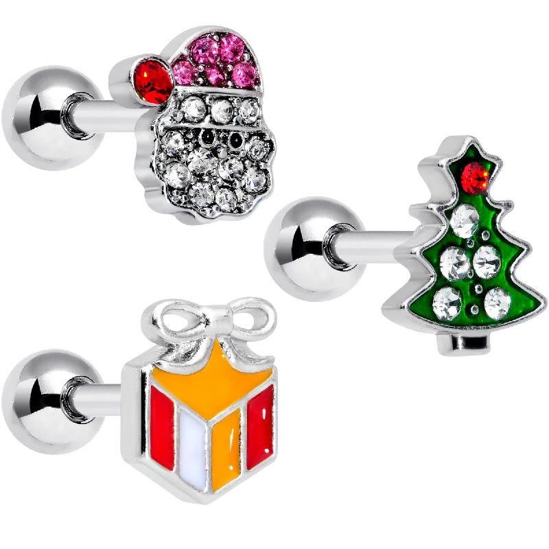 Women's Earrings – Elegant Designs for Every Personality--16 Gauge 1/4 Clear Red Gem Santa Christmas Cartilage Tragus Set of 3