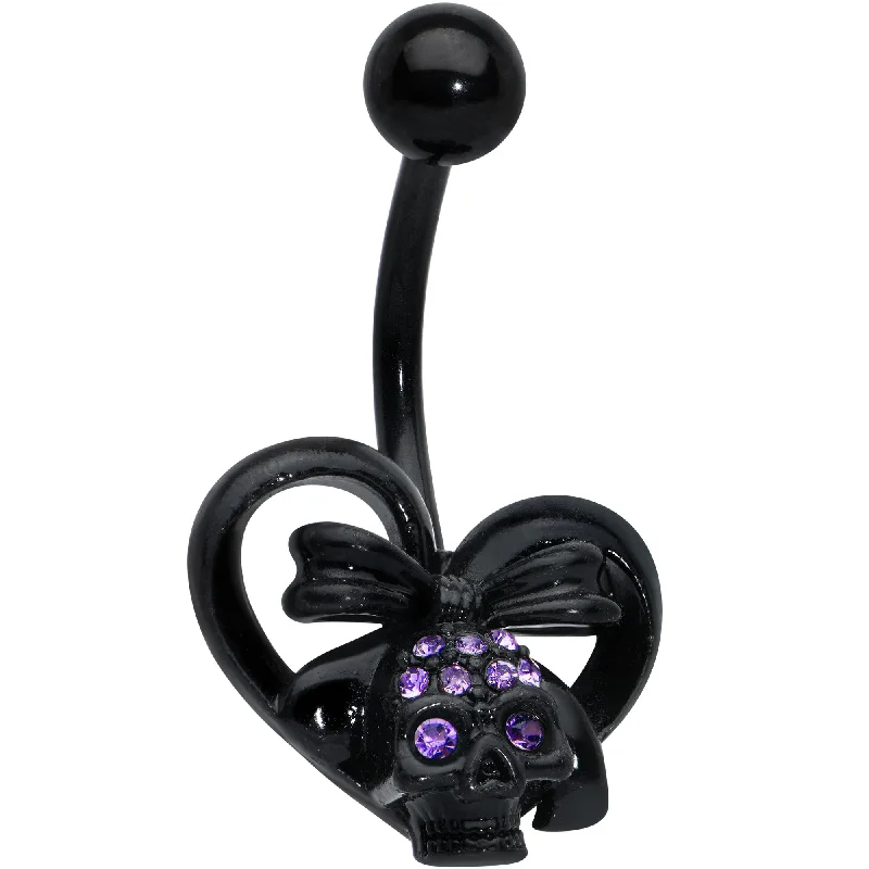 Trendy Belly Rings with Bold Statements -Purple Gem Black Heart Skull Bow Valentines Day Belly Ring