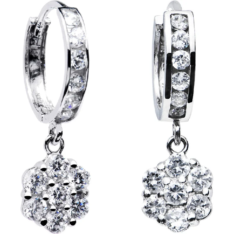 Women's Earrings – Elegant Designs for Every Personality--14kt White Gold CZ Flower Huggy Earrings 8mm
