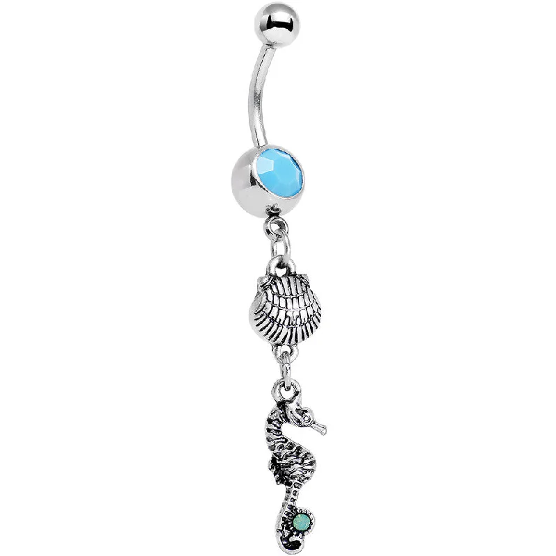Belly Rings with Unique Shape Designs -Green Blue Gem Ocean Beach Seahorse and Seashell Dangle Belly Ring Belly Rings with Unique Shape Designs -Green Blue Gem Ocean Beach Seahorse and Seashell Dangle Belly Ring