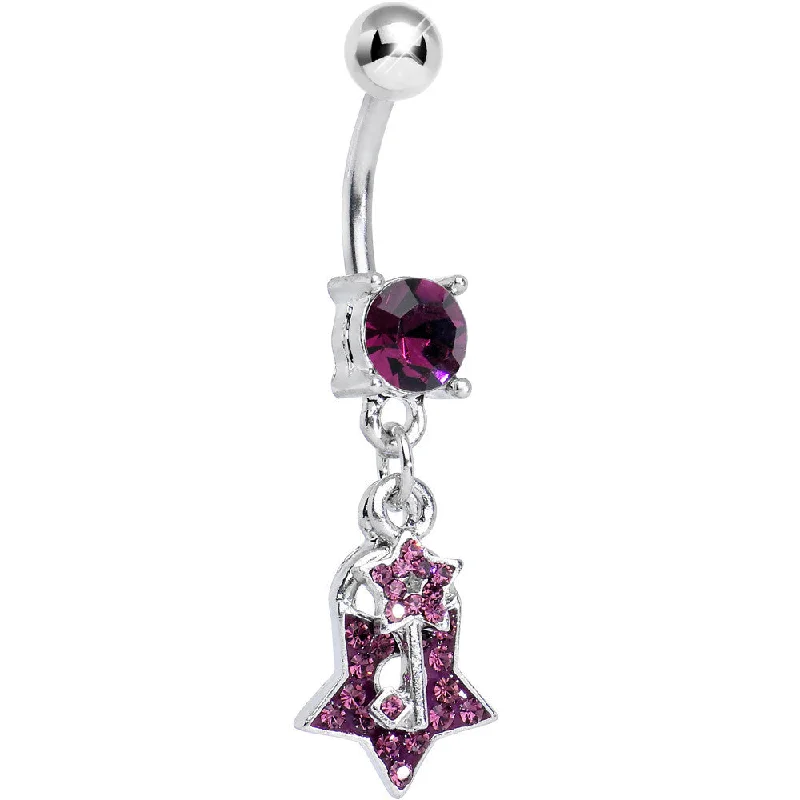 Elegant Belly Rings with Unique Details -Purple Gem Double Dazzling Star Lock and Key Dangle Belly Ring