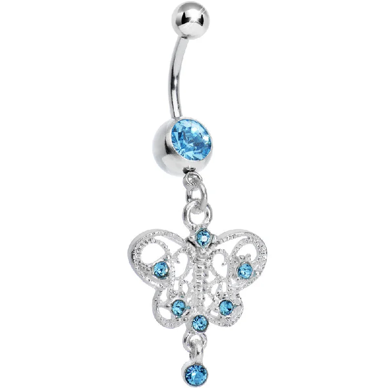 Designer Belly Rings with Unique Details -Aqua Gem Hollow Butterfly Swirl Dangle Belly Ring