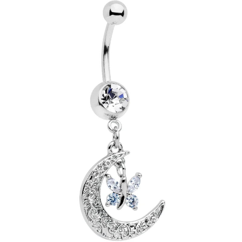 Comfortable Belly Rings for Casual Fashion -Clear Gem Crescent Moon Butterfly Dangle Belly Ring