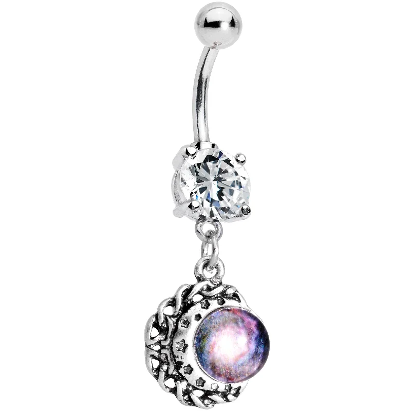 Trendy Belly Rings for Glamorous Looks -Clear CZ Gem Galaxy Crescent Moon Dangle Belly Ring