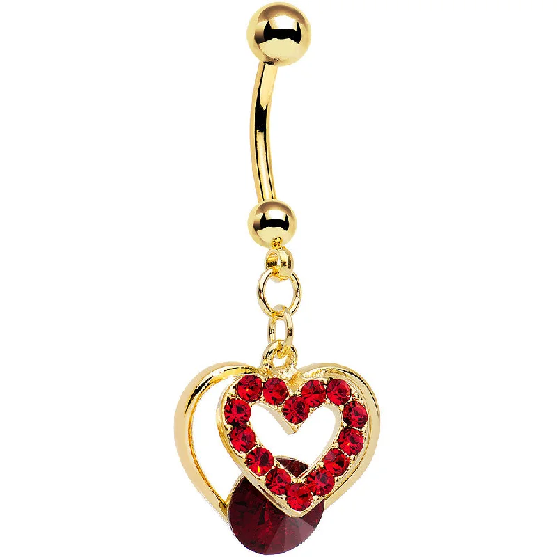 Trendy Belly Rings for Creative Styles -Red Gem Gold Anodized Steel Show Your Heart Dangle Belly Ring