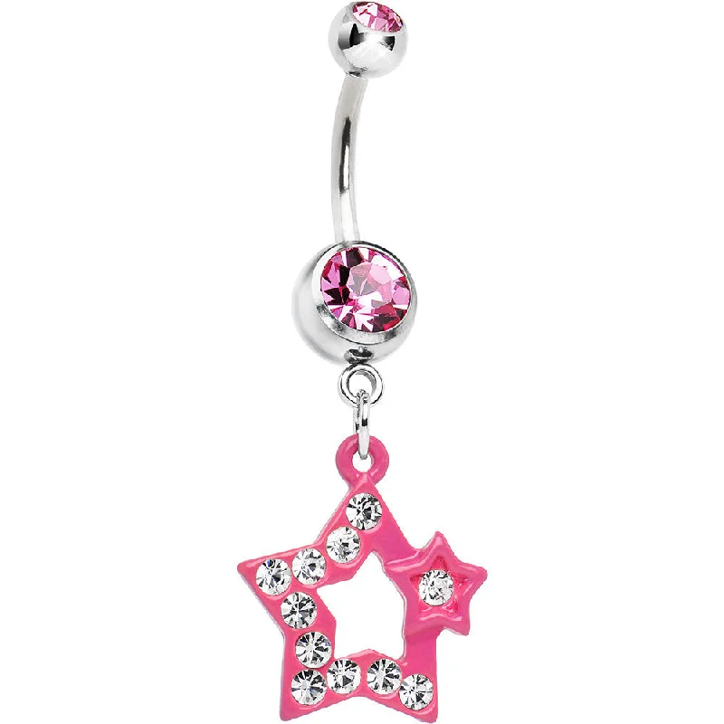 Comfortable Belly Rings for Casual Looks -Twinkle Clear Gem Pink Star Dangle Belly Ring