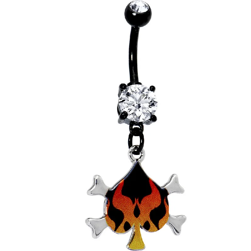 Belly Rings with Beautiful Accents -Orange Flaming Spade Crossbones Belly Ring