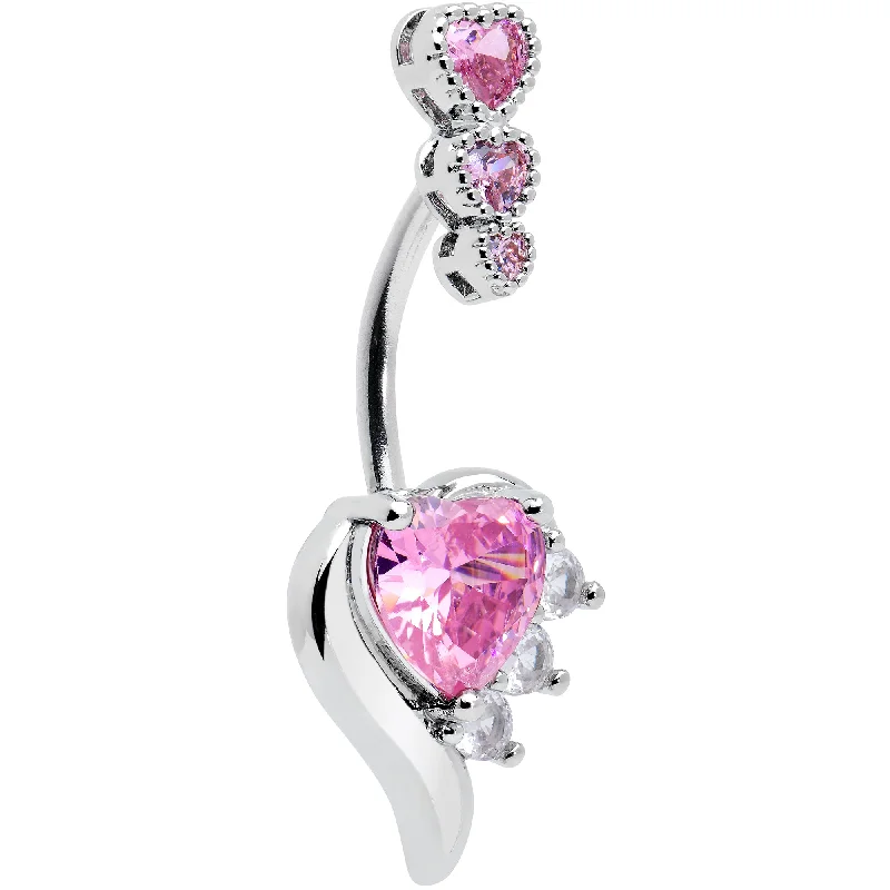 Stylish Belly Rings for Fashion-Forward Women -Pink CZ Gem Triple Drop Flare Heart Valentine Double Mount Belly Ring