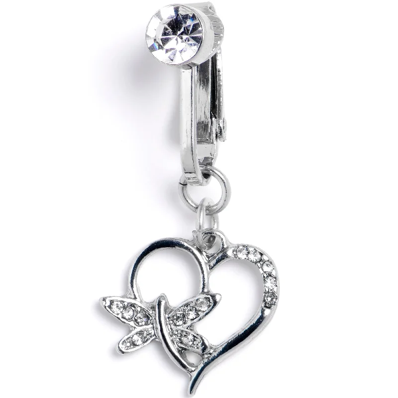 Custom Belly Rings for Fashionable Touch -Clear CZ Gem Heart Dragonfly Love Dangle Clip on Fake Belly Ring
