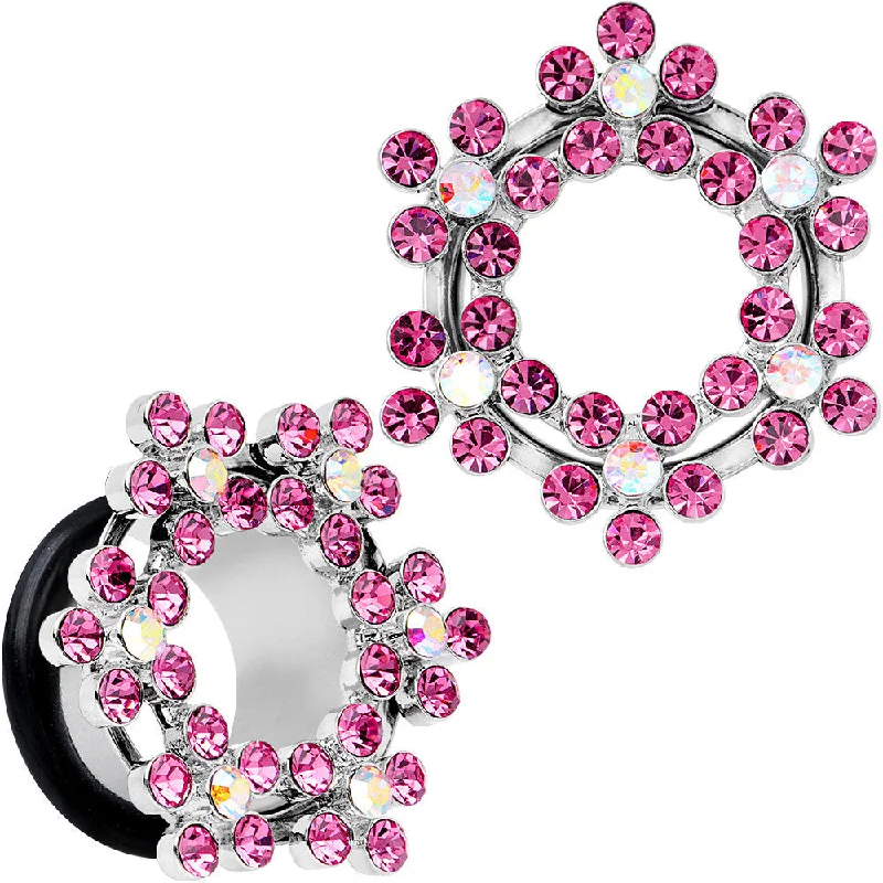 Women's Earrings – Elegant Designs for Every Personality--5/8 Pink and Aurora Gem Snowflake Steel Tunnel Plug Set