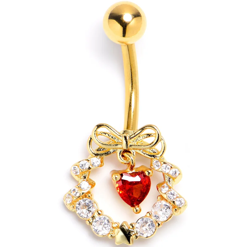 Designer Belly Rings with Sleek Finish -Clear Red CZ Gem Gold Tone Heart Wreath of Love Belly Ring