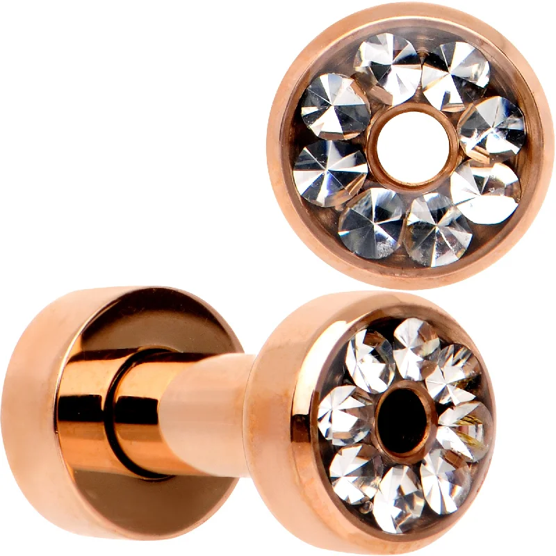 Women's Earrings – Elegant Designs for Every Personality--Clear CZ Gem Rose Gold PVD Bling Screw Fit Tunnel Plug Set 3mm to 16mm