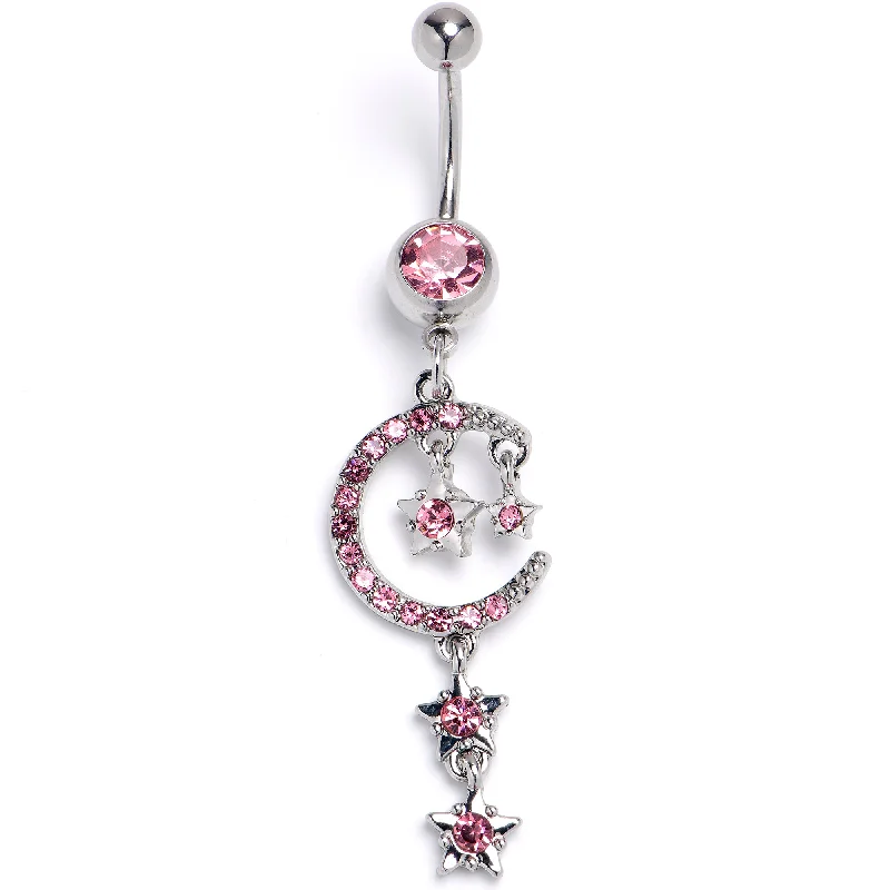 Elegant Belly Rings for Classy Style -Pink Gem Moon And Stars Internally Threaded Dangle Belly Ring