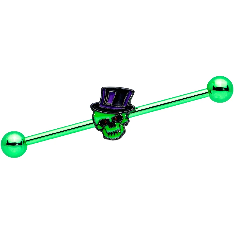 Women's Earrings – Elegant Designs for Every Personality--14 Gauge Green Top Hat Skull Halloween Industrial Barbell 38mm