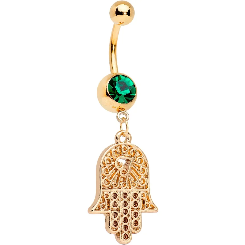 Bold Belly Rings for Statement Fashion -Green Gem Gold Tone Anodized Heart In Hand Hamsa Dangle Belly Ring